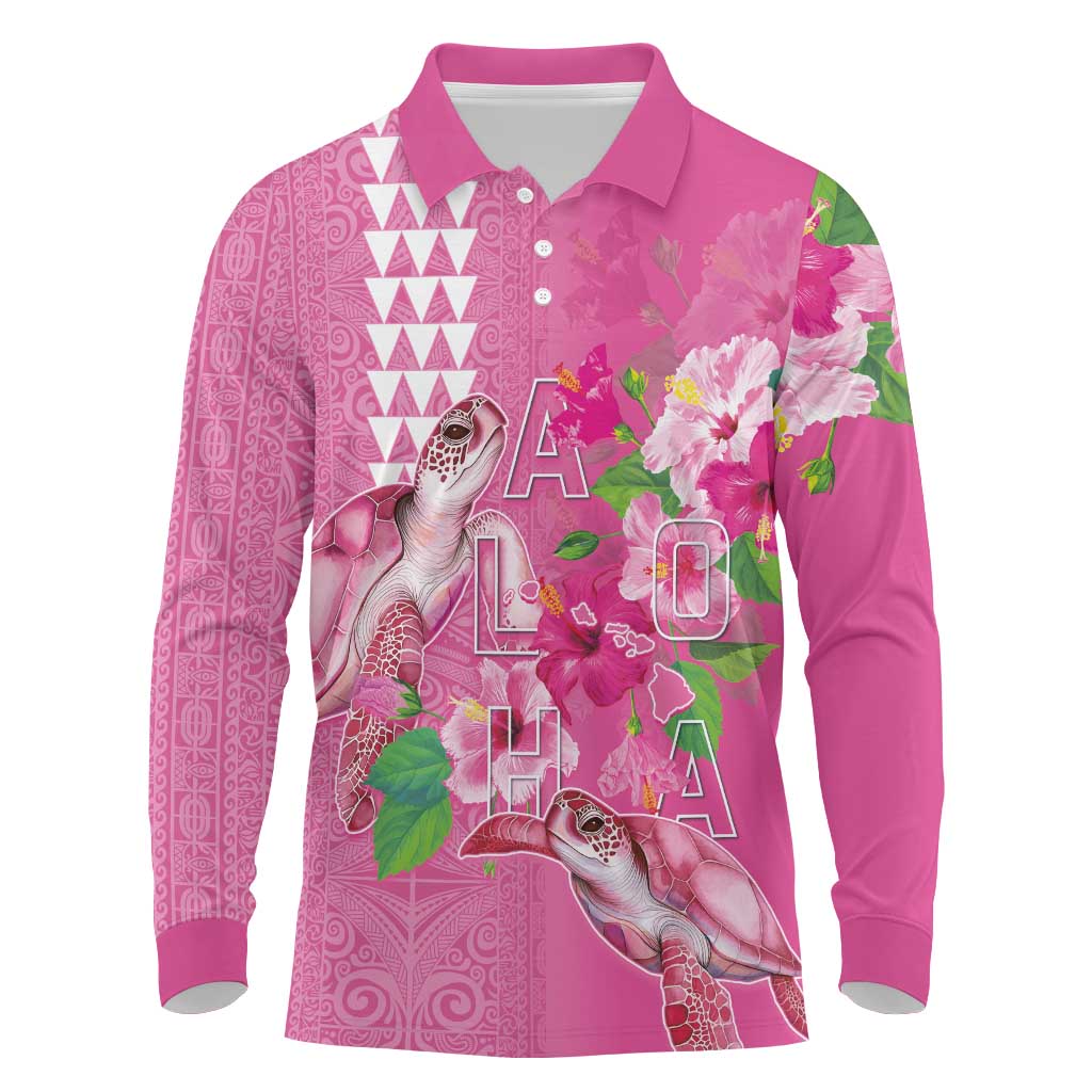 Hawaii Aloha Turtle Hibiscus and Leaves Long Sleeve Polo Shirt with Polynesian and Kakau Tattoos Rose Color LT03 Pink - Polynesian Pride