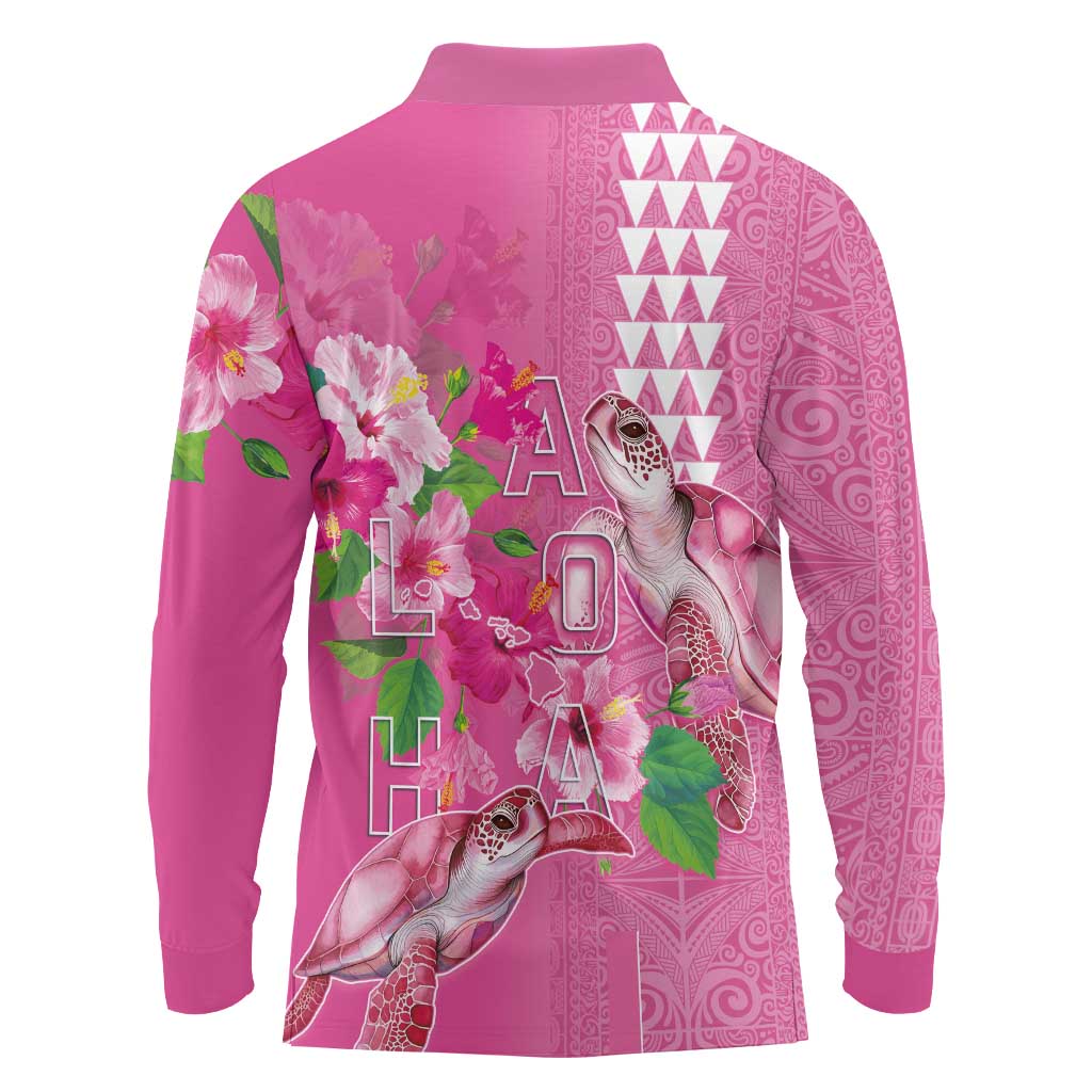 Hawaii Aloha Turtle Hibiscus and Leaves Long Sleeve Polo Shirt with Polynesian and Kakau Tattoos Rose Color LT03 - Polynesian Pride