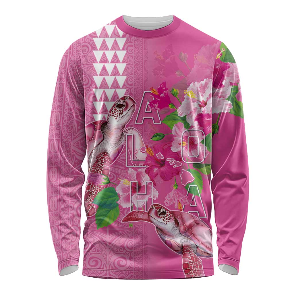 Hawaii Aloha Turtle Hibiscus and Leaves Long Sleeve Shirt with Polynesian and Kakau Tattoos Rose Color LT03 Unisex Pink - Polynesian Pride