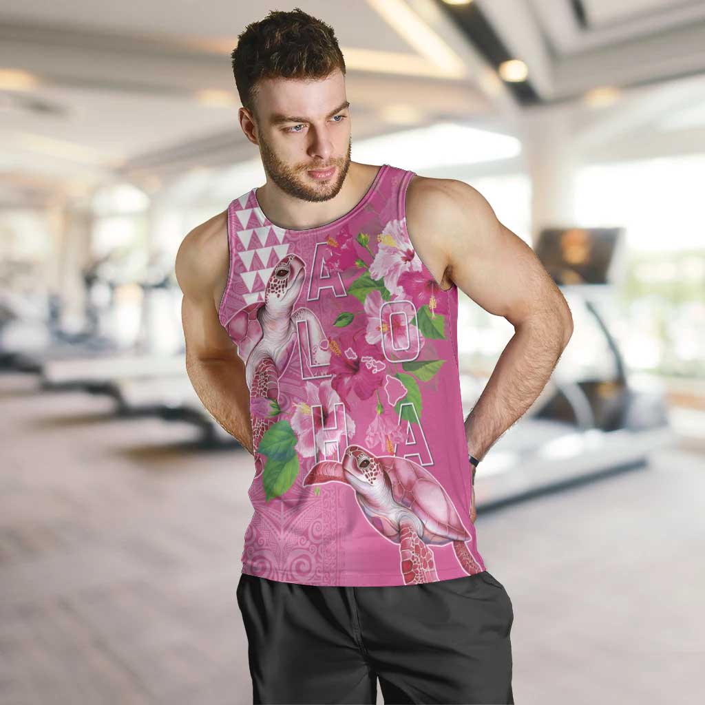 Hawaii Aloha Turtle Hibiscus and Leaves Men Tank Top with Polynesian and Kakau Tattoos Rose Color LT03 Pink - Polynesian Pride