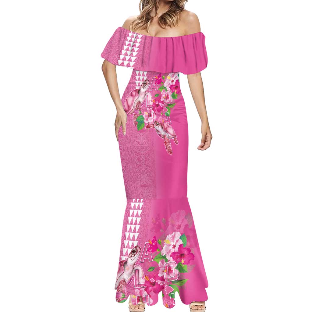 Hawaii Aloha Turtle Hibiscus and Leaves Mermaid Dress with Polynesian and Kakau Tattoos Rose Color LT03 - Polynesian Pride