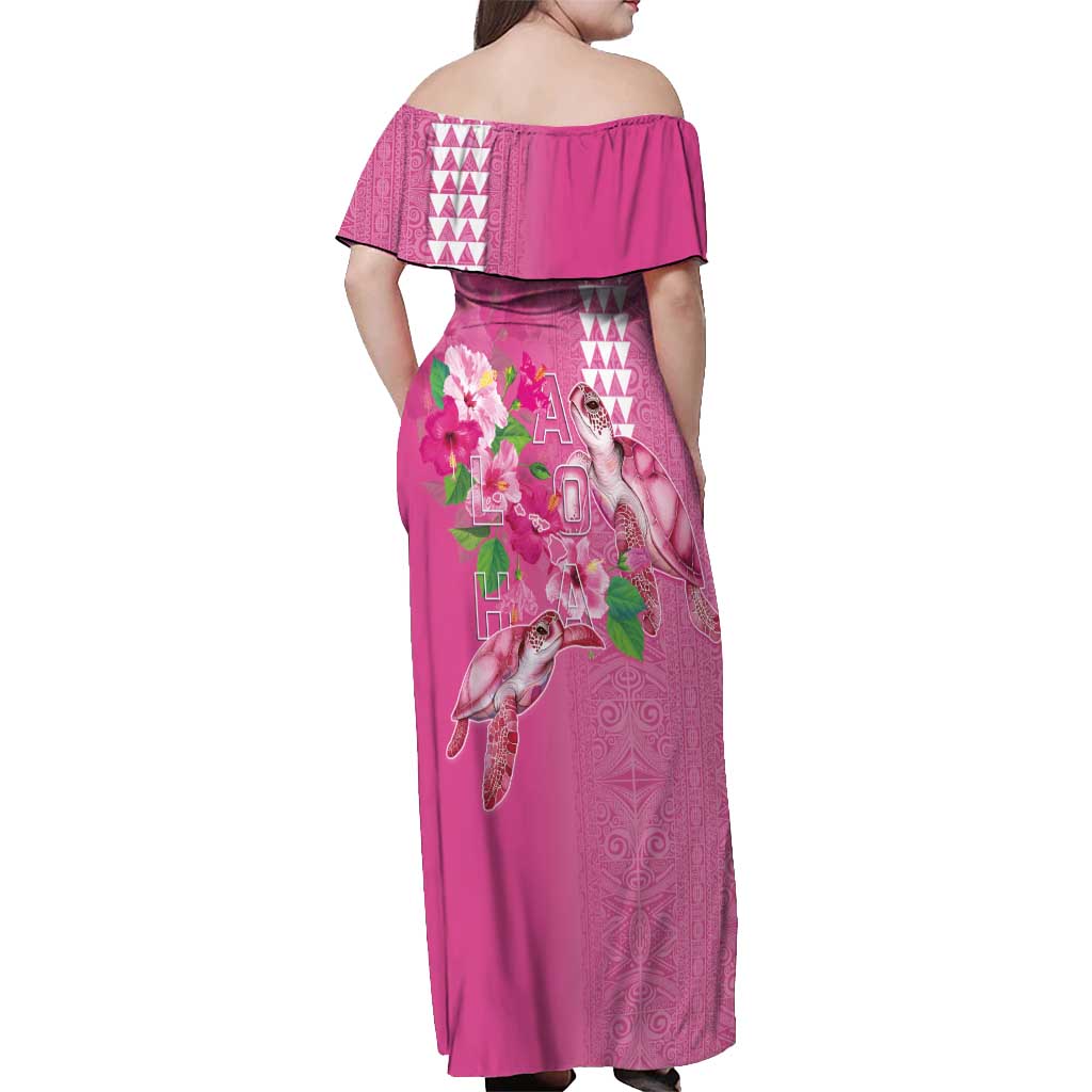 Hawaii Aloha Turtle Hibiscus and Leaves Off Shoulder Maxi Dress with Polynesian and Kakau Tattoos Rose Color LT03 - Polynesian Pride