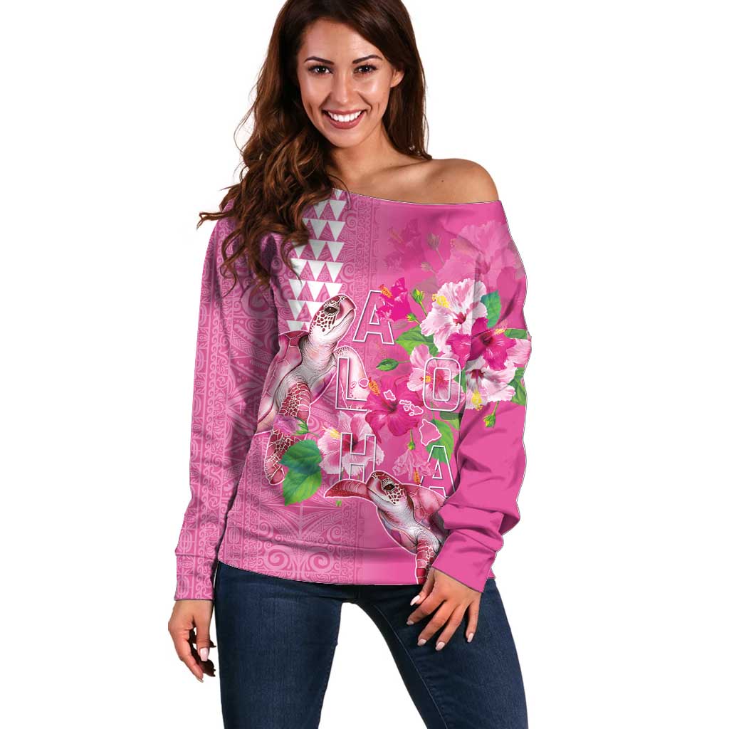Hawaii Aloha Turtle Hibiscus and Leaves Off Shoulder Sweater with Polynesian and Kakau Tattoos Rose Color LT03 Women Pink - Polynesian Pride