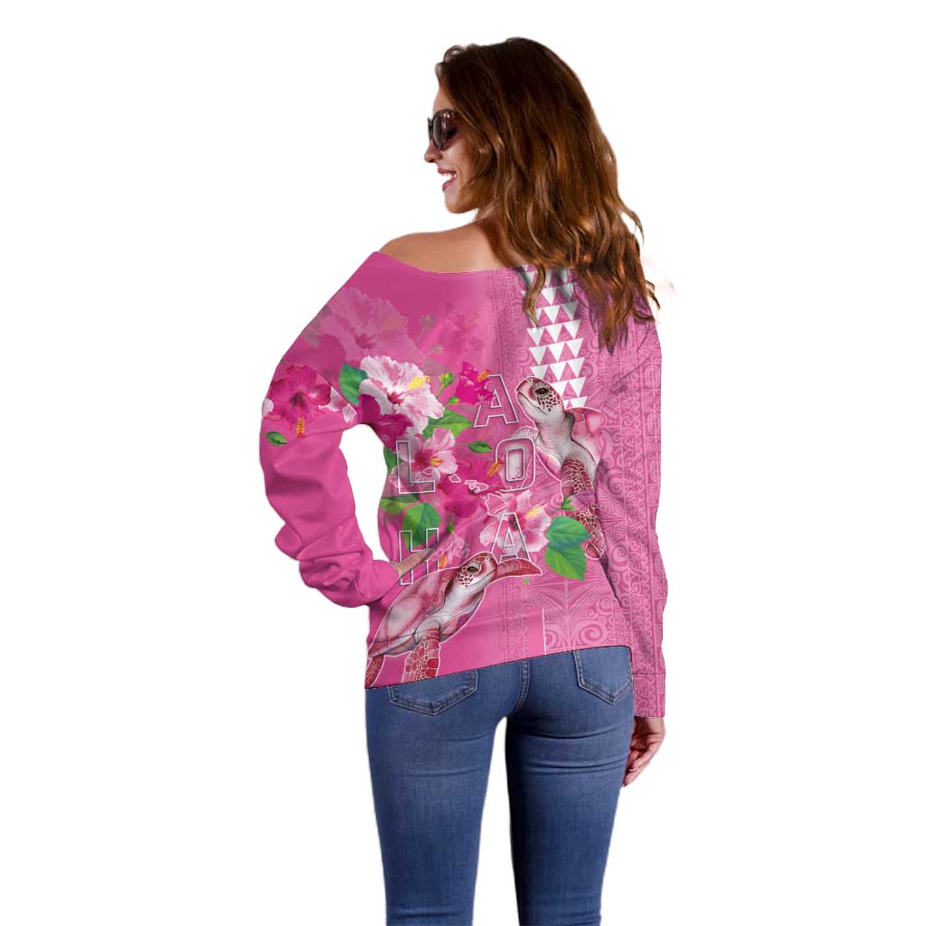 Hawaii Aloha Turtle Hibiscus and Leaves Off Shoulder Sweater with Polynesian and Kakau Tattoos Rose Color LT03 - Polynesian Pride