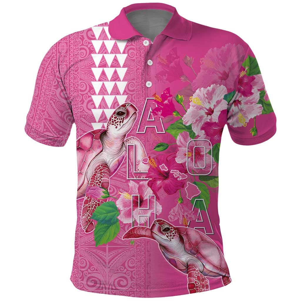 Hawaii Aloha Turtle Hibiscus and Leaves Polo Shirt with Polynesian and Kakau Tattoos Rose Color LT03 Pink - Polynesian Pride