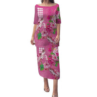 Hawaii Aloha Turtle Hibiscus and Leaves Puletasi with Polynesian and Kakau Tattoos Rose Color LT03 Long Dress Pink - Polynesian Pride