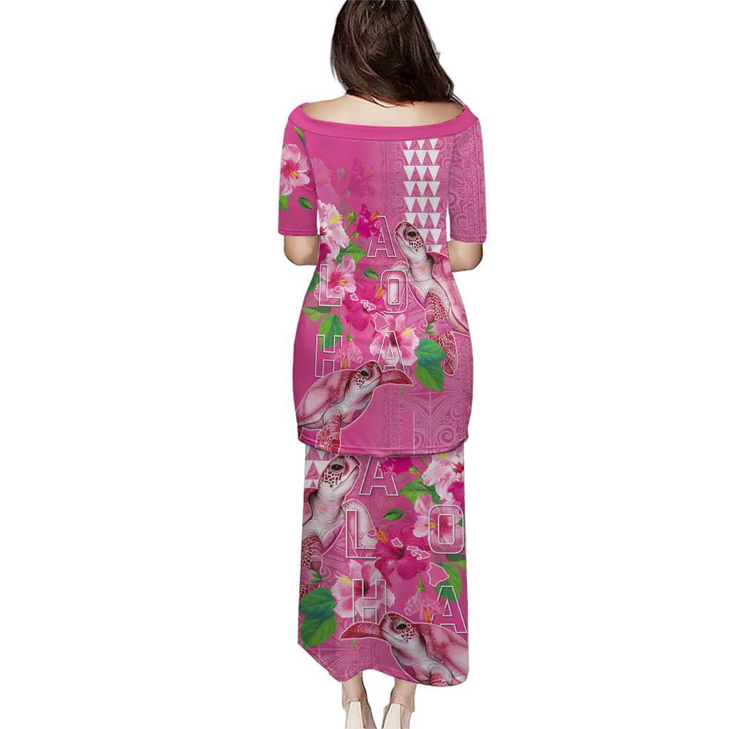 Hawaii Aloha Turtle Hibiscus and Leaves Puletasi with Polynesian and Kakau Tattoos Rose Color LT03 - Polynesian Pride