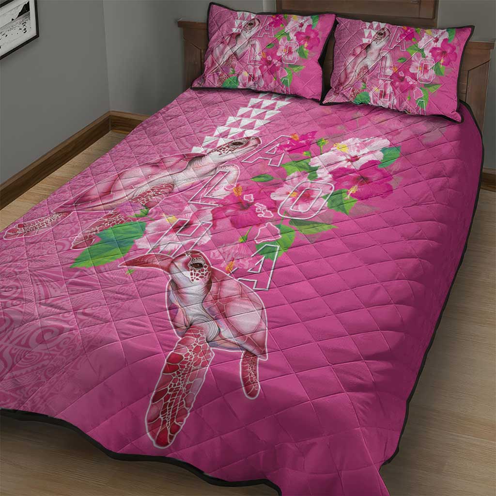 Hawaii Aloha Turtle Hibiscus and Leaves Quilt Bed Set with Polynesian and Kakau Tattoos Rose Color LT03 - Polynesian Pride