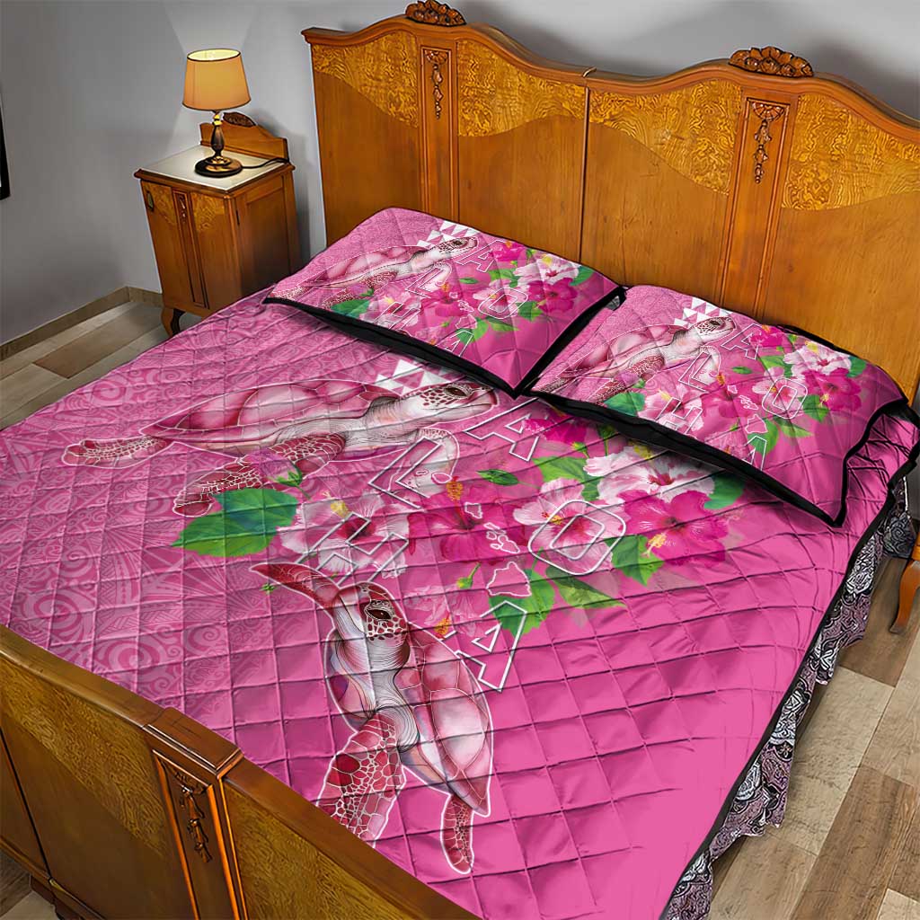 Hawaii Aloha Turtle Hibiscus and Leaves Quilt Bed Set with Polynesian and Kakau Tattoos Rose Color LT03 - Polynesian Pride