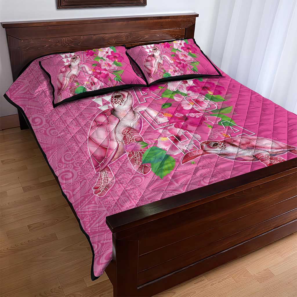 Hawaii Aloha Turtle Hibiscus and Leaves Quilt Bed Set with Polynesian and Kakau Tattoos Rose Color LT03 - Polynesian Pride