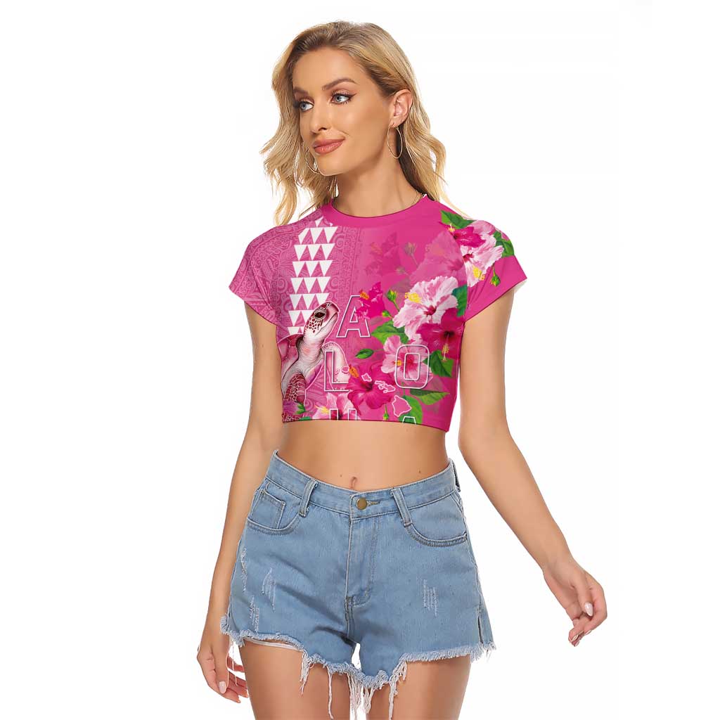 Hawaii Aloha Turtle Hibiscus and Leaves Raglan Cropped T Shirt with Polynesian and Kakau Tattoos Rose Color LT03 Female Pink - Polynesian Pride