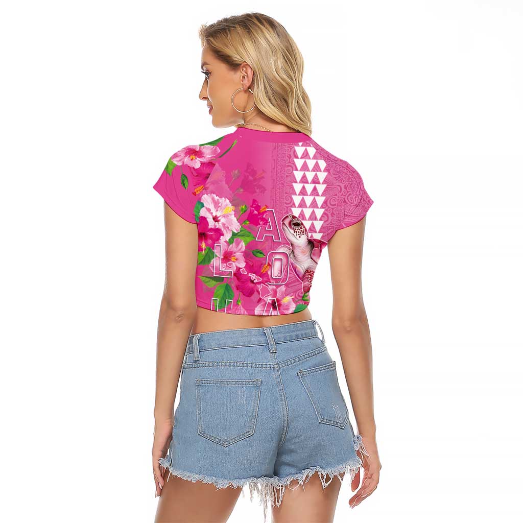 Hawaii Aloha Turtle Hibiscus and Leaves Raglan Cropped T Shirt with Polynesian and Kakau Tattoos Rose Color LT03 - Polynesian Pride