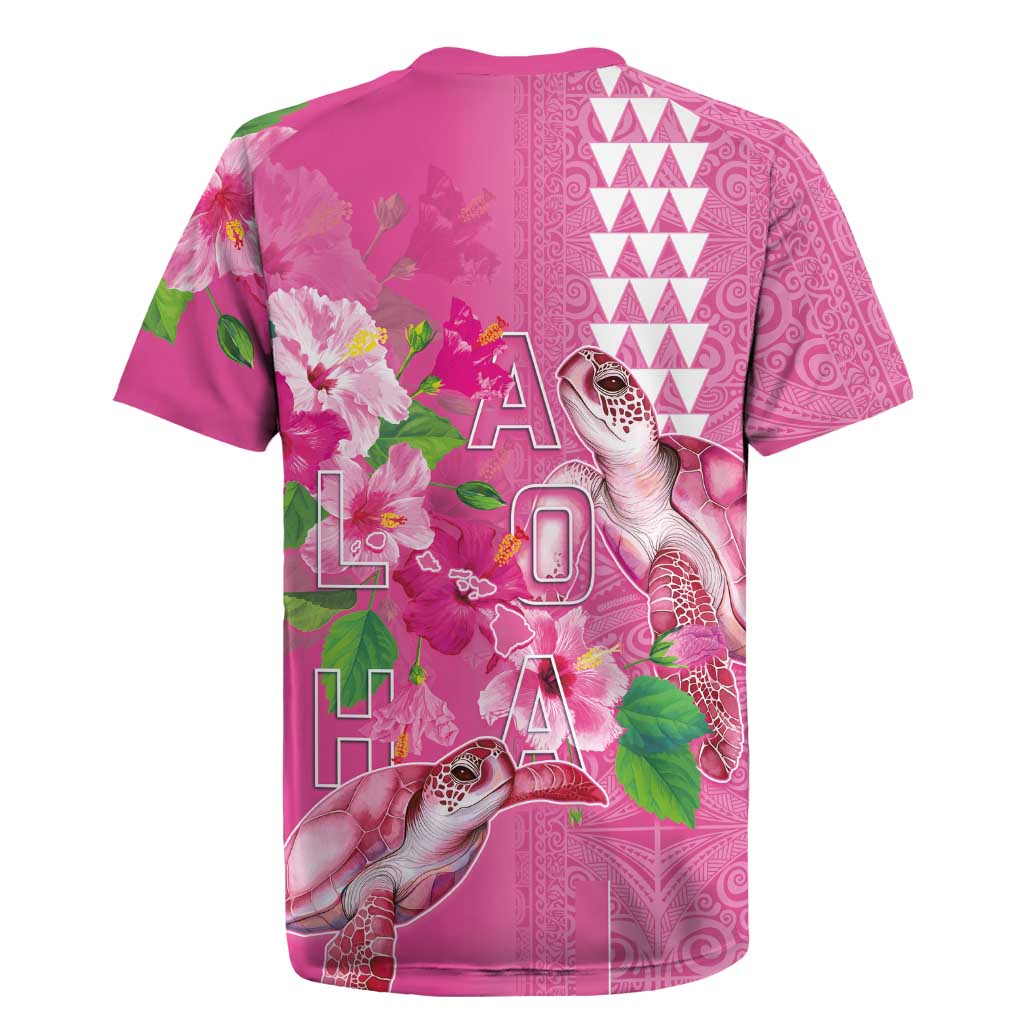 Hawaii Aloha Turtle Hibiscus and Leaves Rugby Jersey with Polynesian and Kakau Tattoos Rose Color LT03 - Polynesian Pride