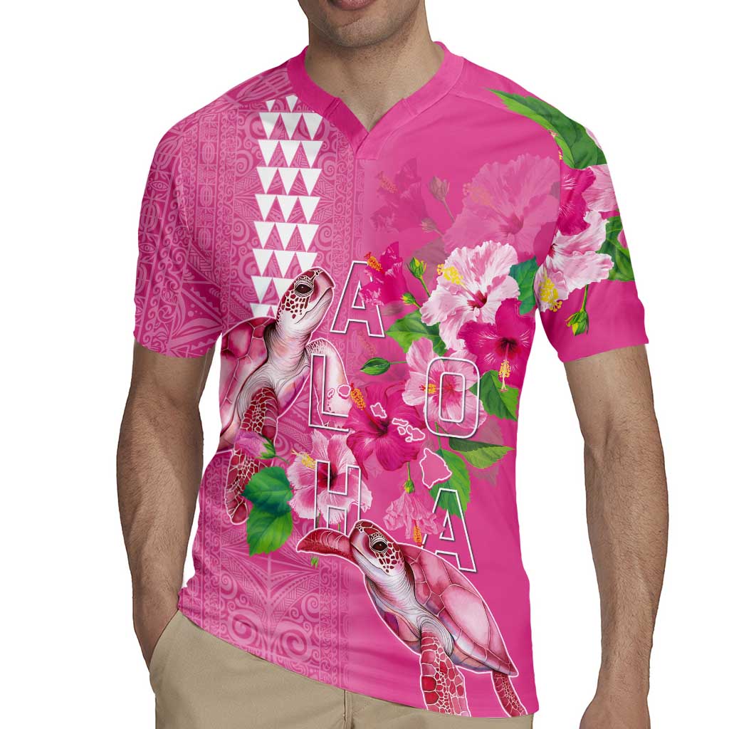 Hawaii Aloha Turtle Hibiscus and Leaves Rugby Jersey with Polynesian and Kakau Tattoos Rose Color LT03 - Polynesian Pride