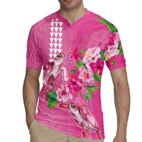 Hawaii Aloha Turtle Hibiscus and Leaves Rugby Jersey with Polynesian and Kakau Tattoos Rose Color LT03 - Polynesian Pride