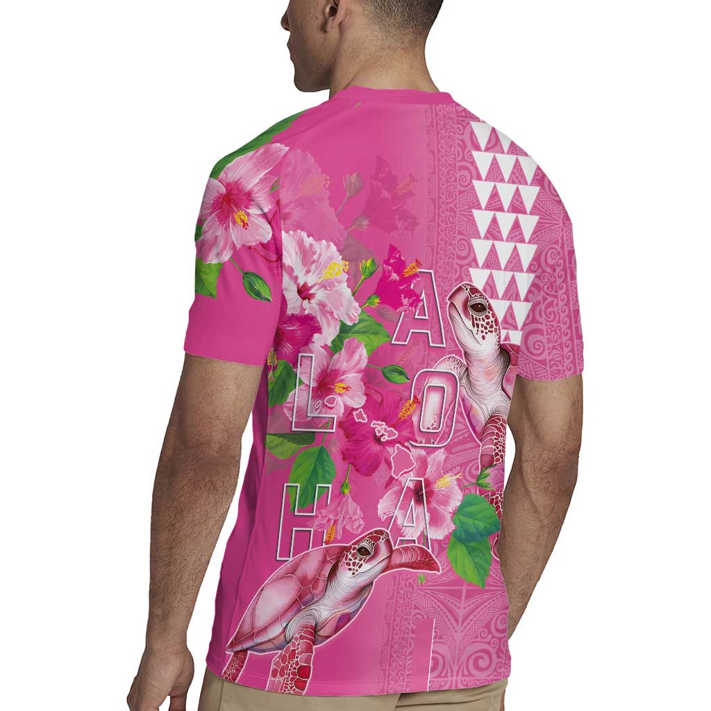 Hawaii Aloha Turtle Hibiscus and Leaves Rugby Jersey with Polynesian and Kakau Tattoos Rose Color LT03 - Polynesian Pride