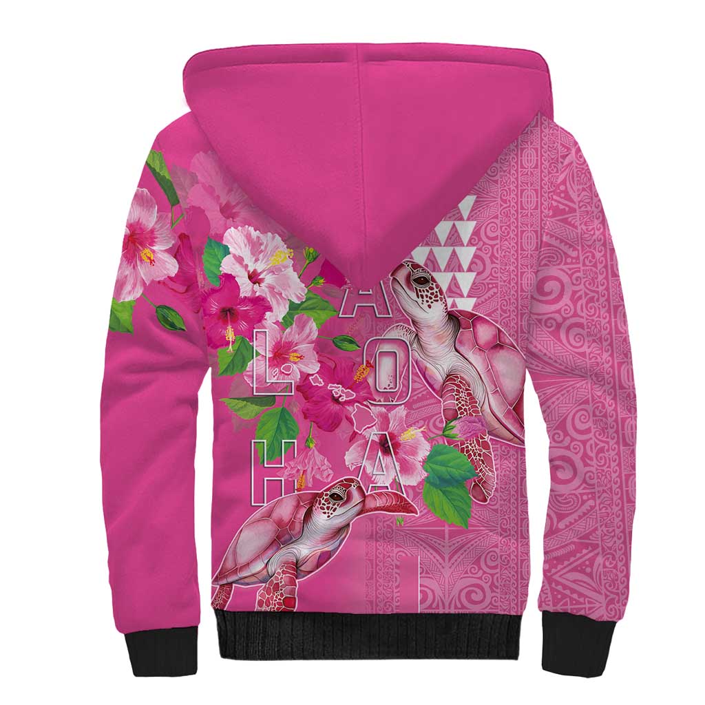 Hawaii Aloha Turtle Hibiscus and Leaves Sherpa Hoodie with Polynesian and Kakau Tattoos Rose Color LT03 - Polynesian Pride