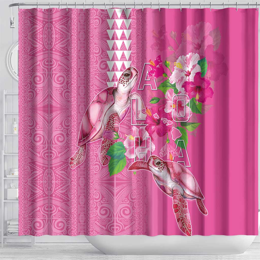 Hawaii Aloha Turtle Hibiscus and Leaves Shower Curtain with Polynesian and Kakau Tattoos Rose Color LT03 - Polynesian Pride