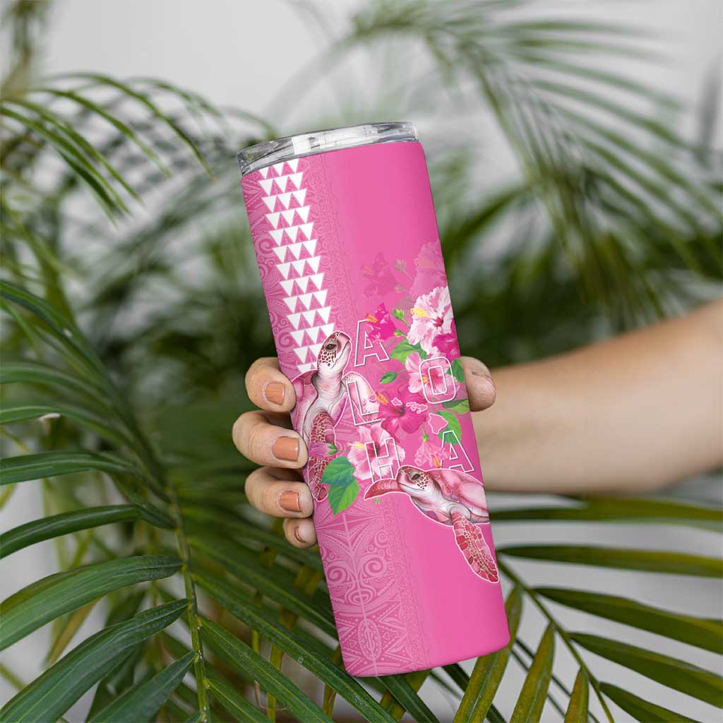 Hawaii Aloha Turtle Hibiscus and Leaves Skinny Tumbler with Polynesian and Kakau Tattoos Rose Color LT03 - Polynesian Pride