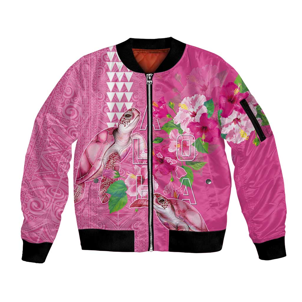 Hawaii Aloha Turtle Hibiscus and Leaves Sleeve Zip Bomber Jacket with Polynesian and Kakau Tattoos Rose Color LT03 Unisex Pink - Polynesian Pride