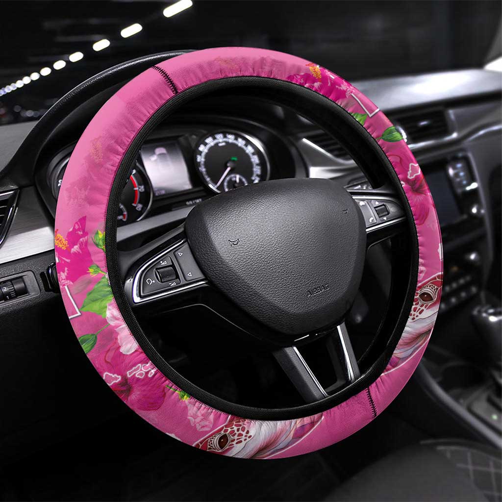 Hawaii Aloha Turtle Hibiscus and Leaves Steering Wheel Cover with Polynesian and Kakau Tattoos Rose Color LT03 Universal Fit Pink - Polynesian Pride