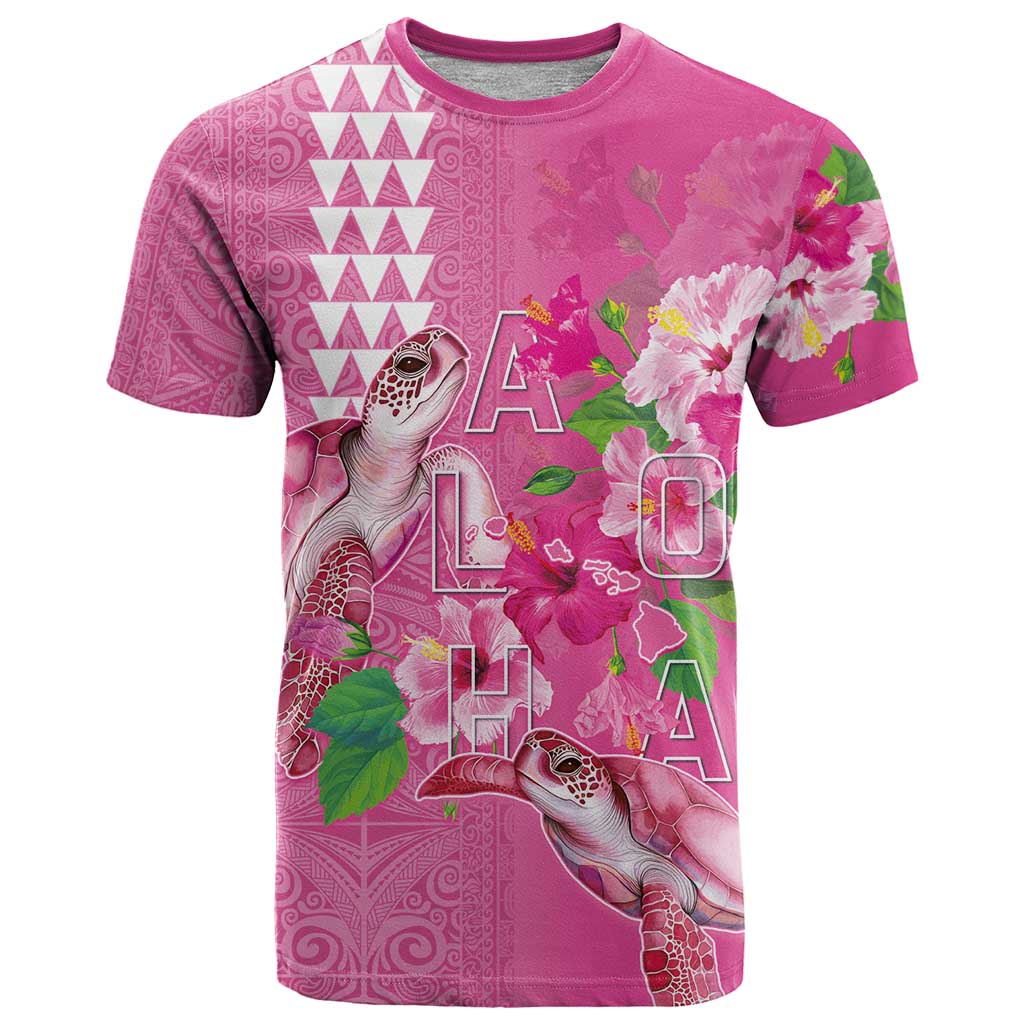 Hawaii Aloha Turtle Hibiscus and Leaves T Shirt with Polynesian and Kakau Tattoos Rose Color LT03 Pink - Polynesian Pride