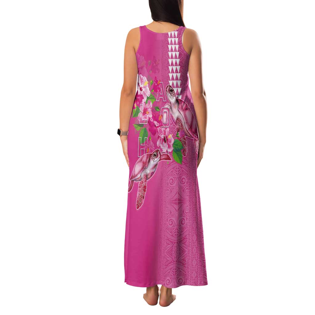 Hawaii Aloha Turtle Hibiscus and Leaves Tank Maxi Dress with Polynesian and Kakau Tattoos Rose Color LT03 - Polynesian Pride