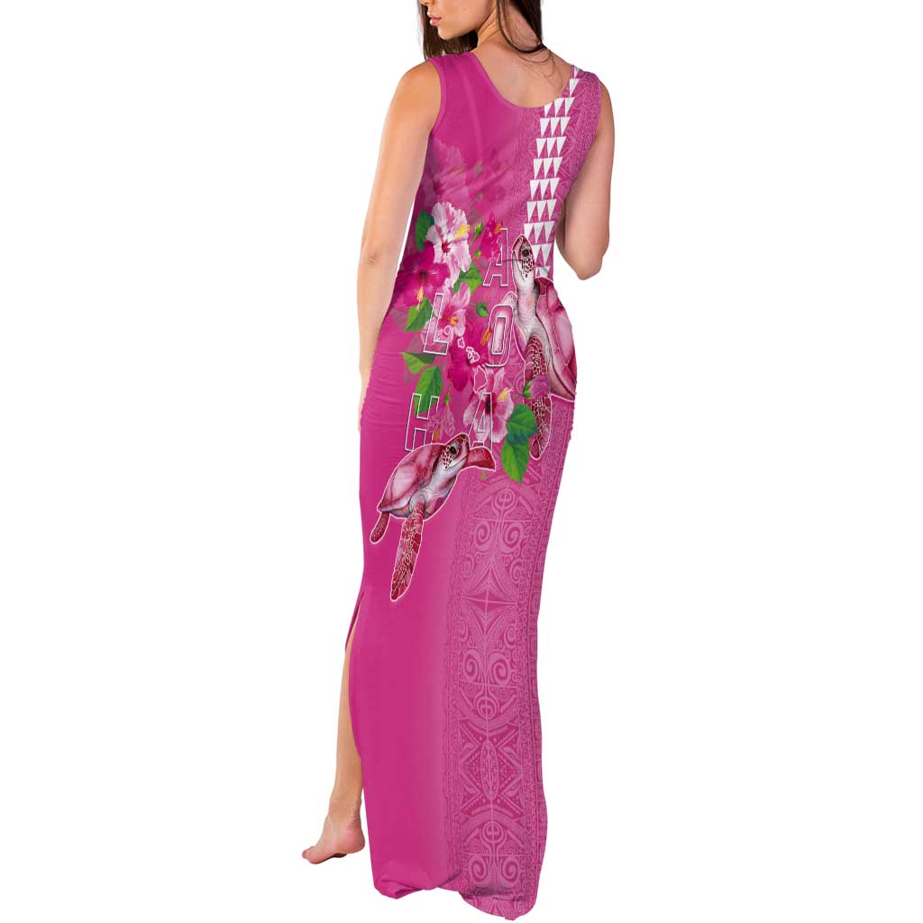 Hawaii Aloha Turtle Hibiscus and Leaves Tank Maxi Dress with Polynesian and Kakau Tattoos Rose Color LT03 - Polynesian Pride
