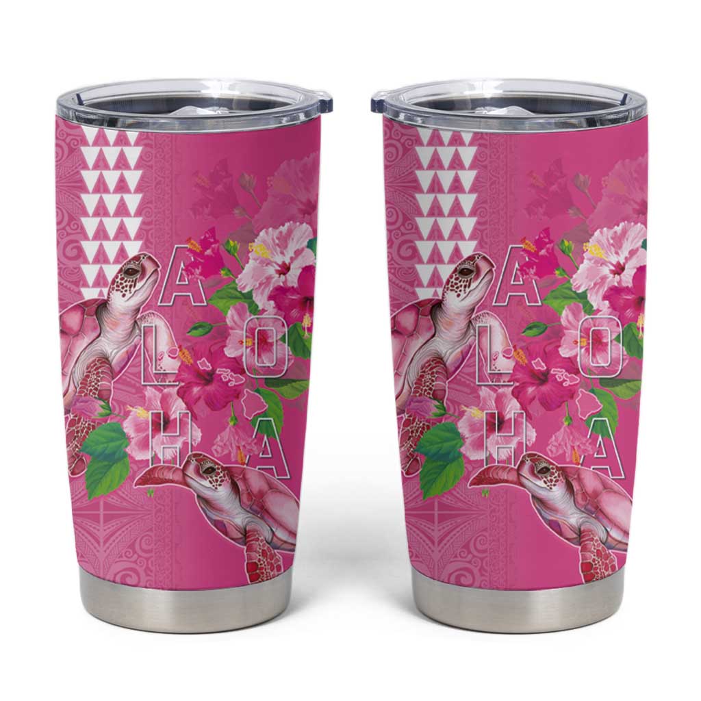 Hawaii Aloha Turtle Hibiscus and Leaves Tumbler Cup with Polynesian and Kakau Tattoos Rose Color LT03 Pink - Polynesian Pride