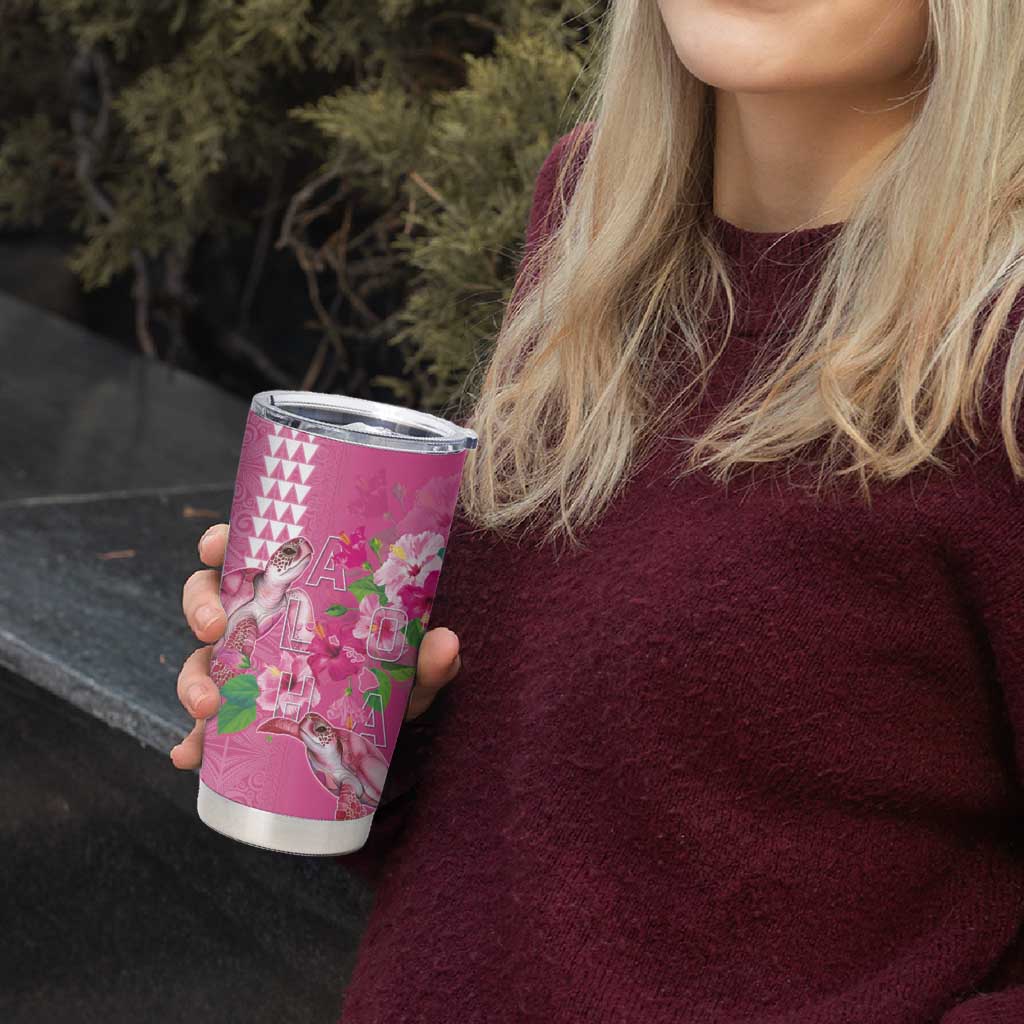 Hawaii Aloha Turtle Hibiscus and Leaves Tumbler Cup with Polynesian and Kakau Tattoos Rose Color LT03 - Polynesian Pride