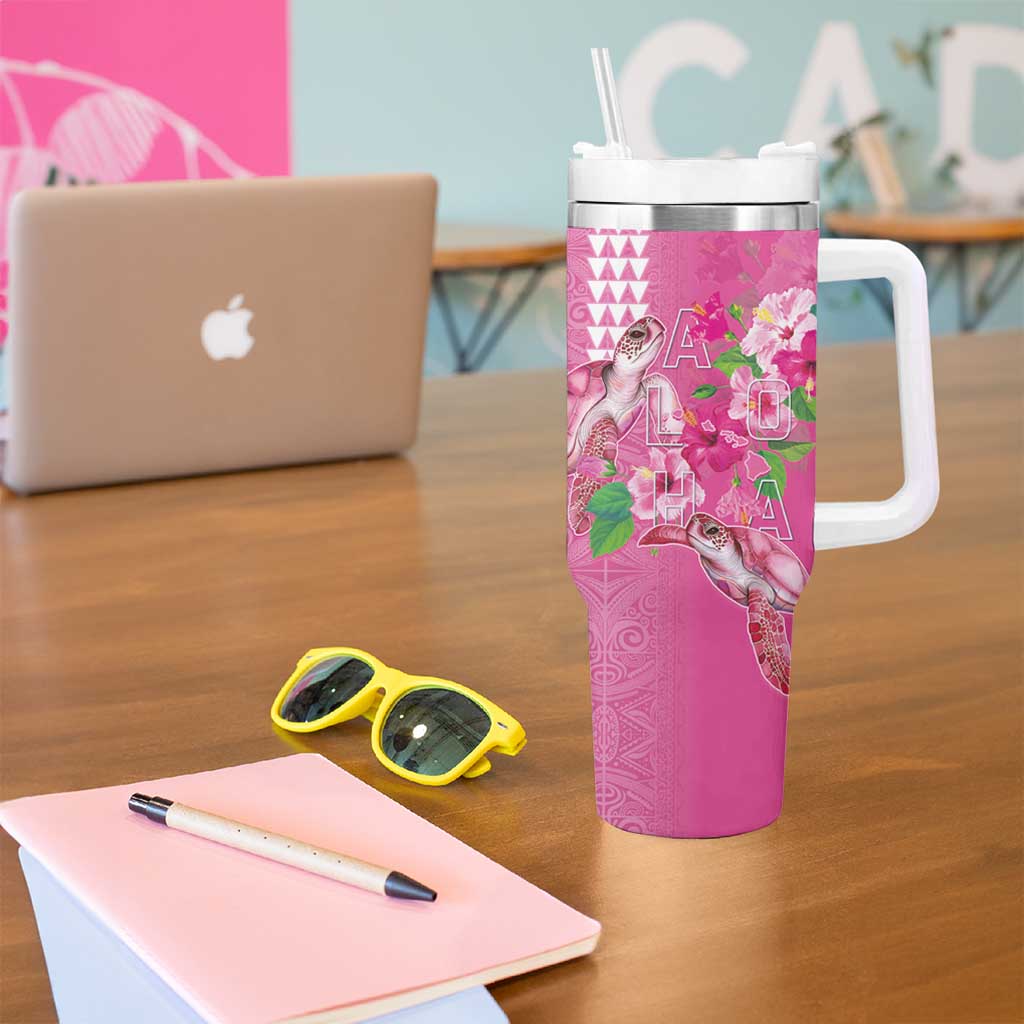 Hawaii Aloha Turtle Hibiscus and Leaves Tumbler With Handle with Polynesian and Kakau Tattoos Rose Color LT03 - Polynesian Pride