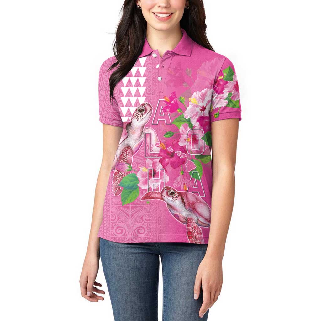 Hawaii Aloha Turtle Hibiscus and Leaves Women Polo Shirt with Polynesian and Kakau Tattoos Rose Color LT03 - Polynesian Pride