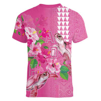 Hawaii Aloha Turtle Hibiscus and Leaves Women V-Neck T-Shirt with Polynesian and Kakau Tattoos Rose Color LT03 - Polynesian Pride