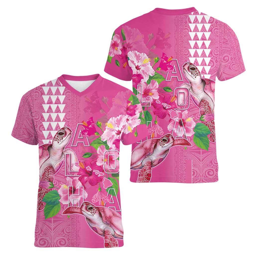Hawaii Aloha Turtle Hibiscus and Leaves Women V-Neck T-Shirt with Polynesian and Kakau Tattoos Rose Color LT03 - Polynesian Pride