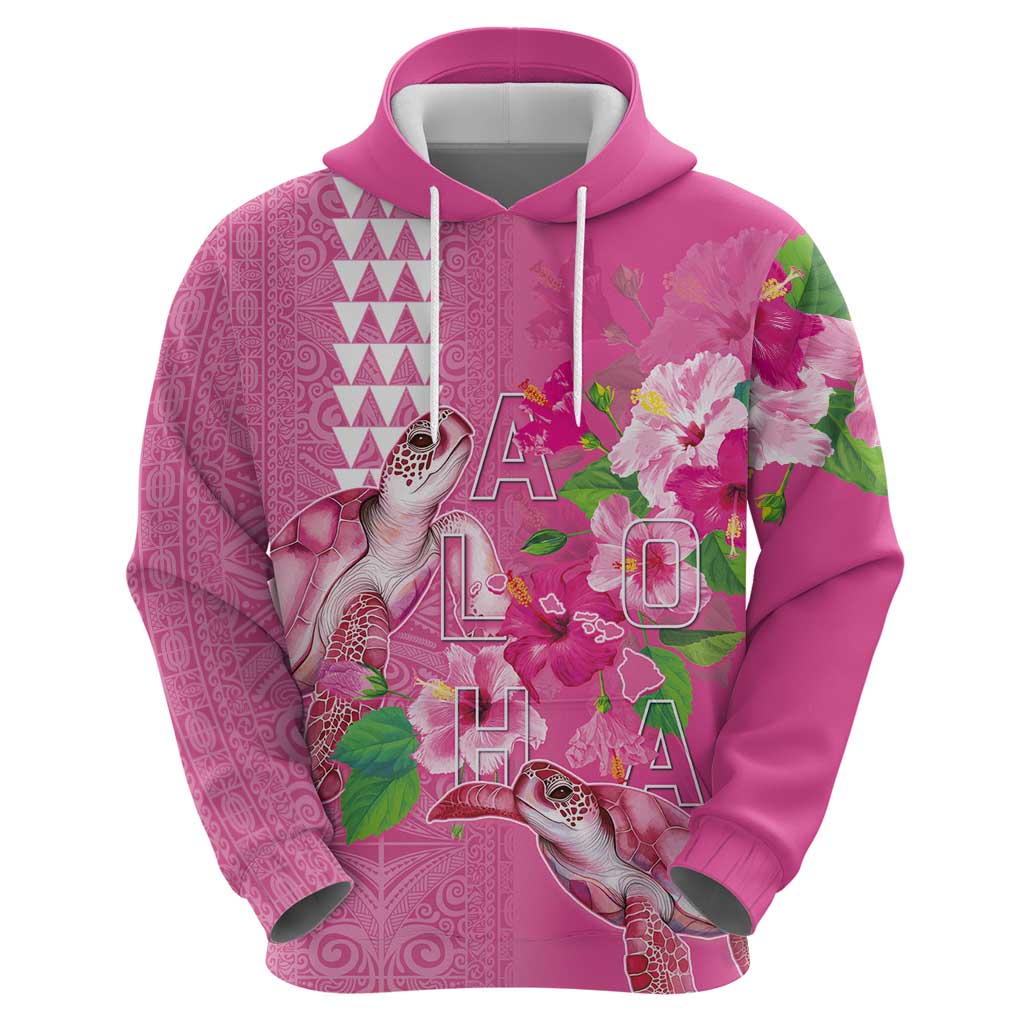 Hawaii Aloha Turtle Hibiscus and Leaves Zip Hoodie with Polynesian and Kakau Tattoos Rose Color LT03 - Polynesian Pride