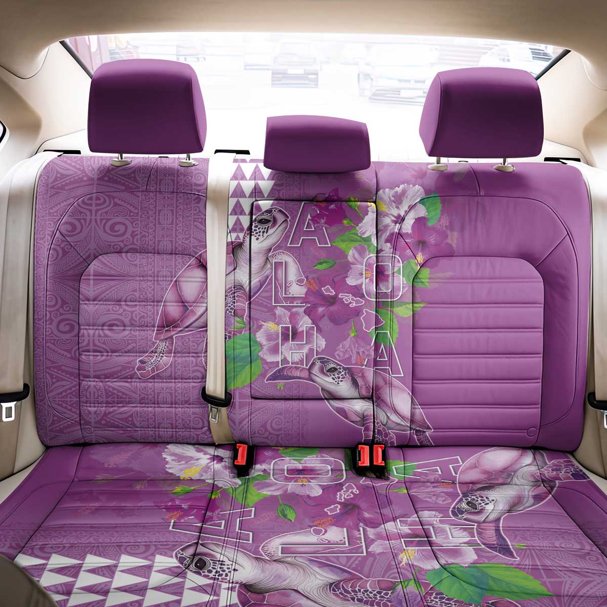 Hawaii Aloha Turtle Hibiscus and Leaves Back Car Seat Cover with Polynesian and Kakau Tattoos Lilac Color LT03 - Polynesian Pride