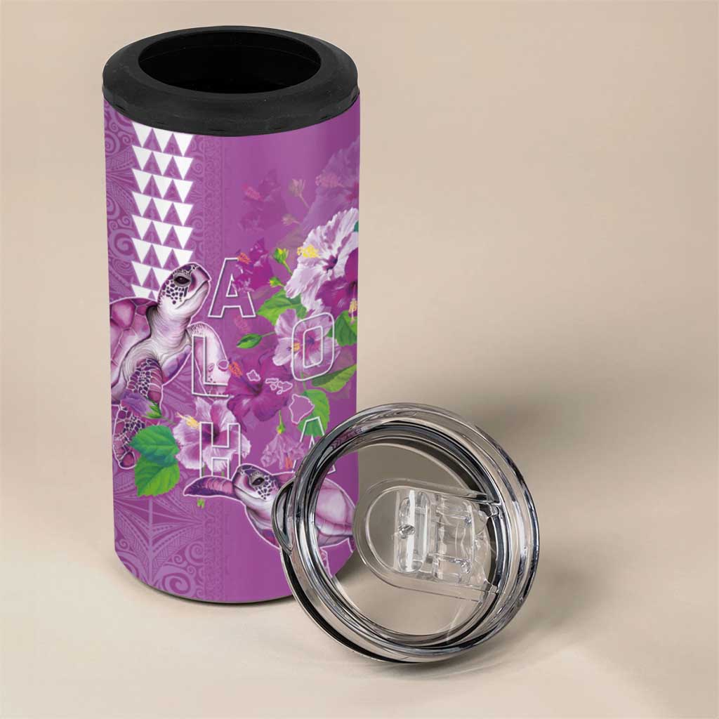 Hawaii Aloha Turtle Hibiscus and Leaves 4 in 1 Can Cooler Tumbler with Polynesian and Kakau Tattoos Lilac Color LT03 - Polynesian Pride