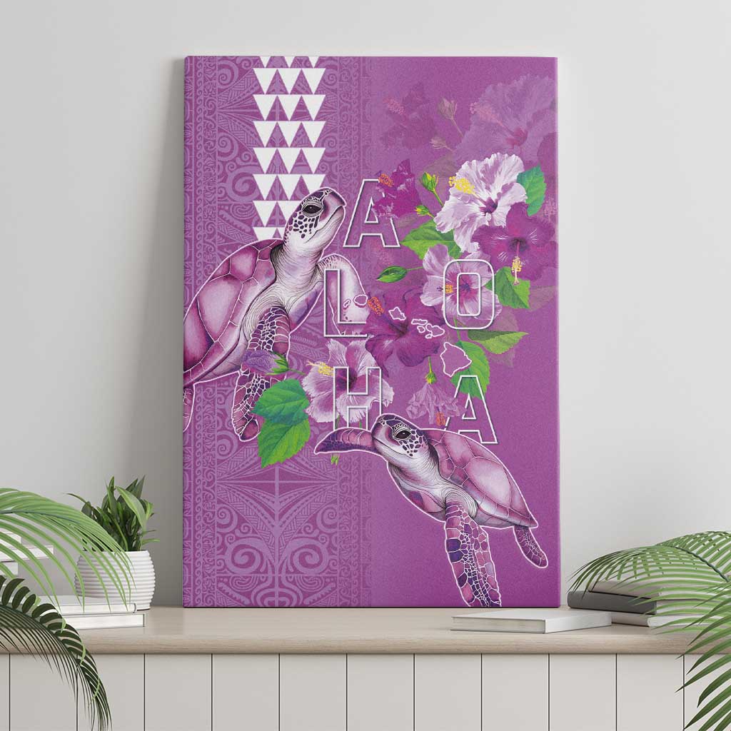 Hawaii Aloha Turtle Hibiscus and Leaves Canvas Wall Art with Polynesian and Kakau Tattoos Lilac Color LT03 - Polynesian Pride