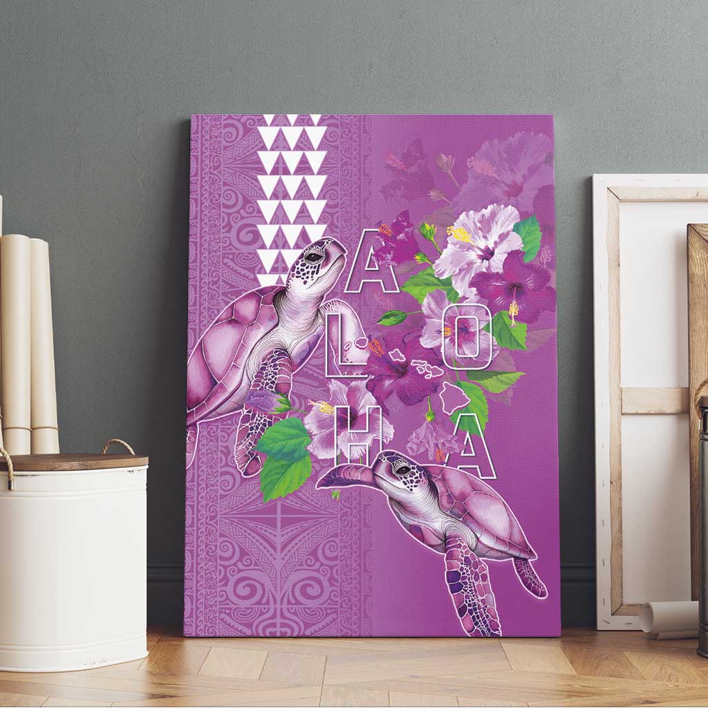 Hawaii Aloha Turtle Hibiscus and Leaves Canvas Wall Art with Polynesian and Kakau Tattoos Lilac Color LT03 - Polynesian Pride