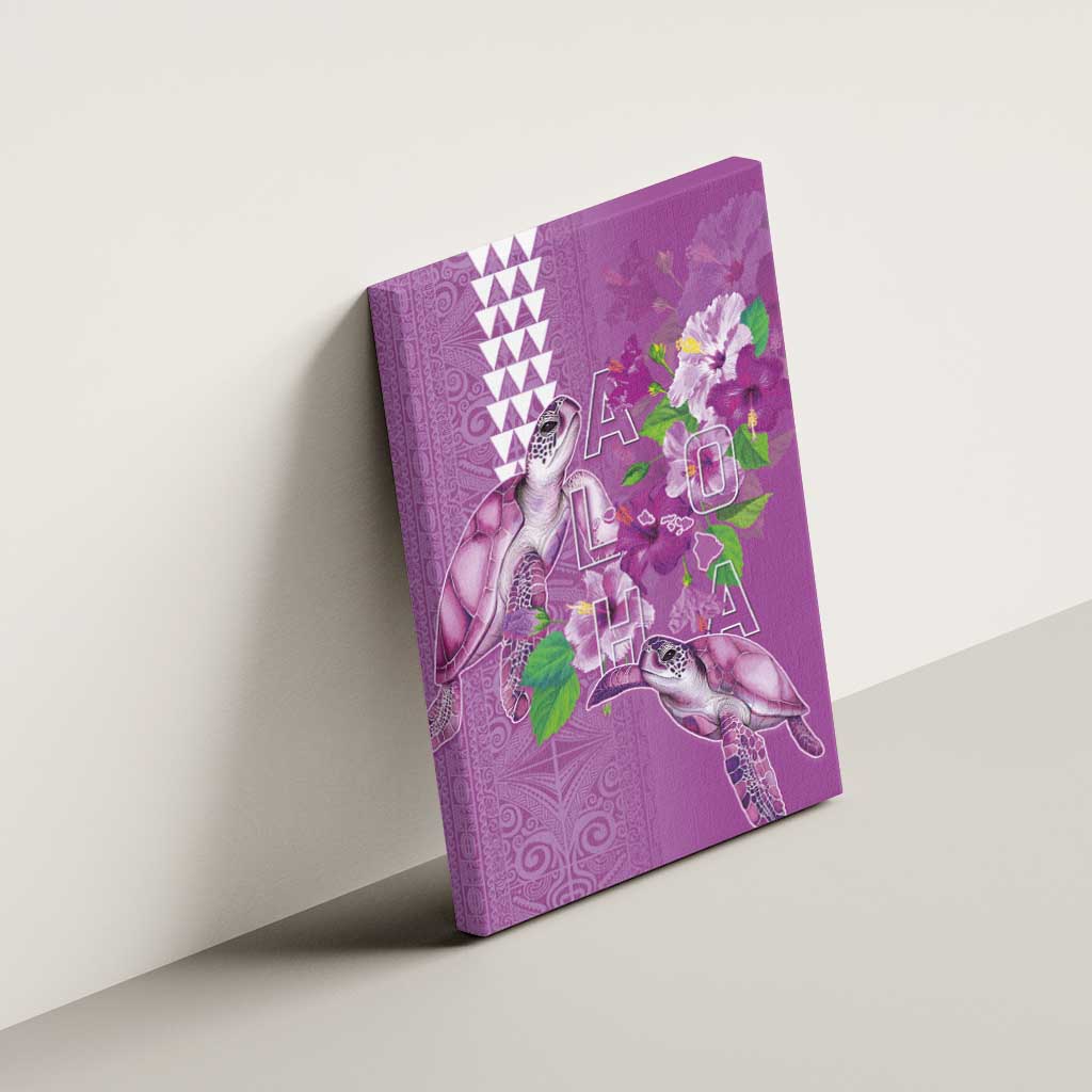 Hawaii Aloha Turtle Hibiscus and Leaves Canvas Wall Art with Polynesian and Kakau Tattoos Lilac Color LT03 - Polynesian Pride