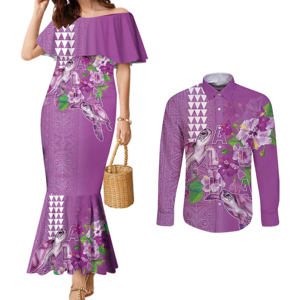 Hawaii Aloha Turtle Hibiscus and Leaves Couples Matching Mermaid Dress and Long Sleeve Button Shirt with Polynesian and Kakau Tattoos Lilac Color - Polynesian Pride