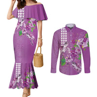Hawaii Aloha Turtle Hibiscus and Leaves Couples Matching Mermaid Dress and Long Sleeve Button Shirt with Polynesian and Kakau Tattoos Lilac Color - Polynesian Pride