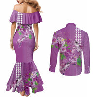 Hawaii Aloha Turtle Hibiscus and Leaves Couples Matching Mermaid Dress and Long Sleeve Button Shirt with Polynesian and Kakau Tattoos Lilac Color - Polynesian Pride