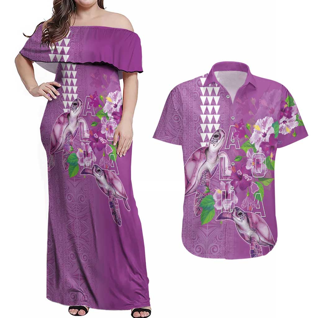 Hawaii Aloha Turtle Hibiscus and Leaves Couples Matching Off Shoulder Maxi Dress and Hawaiian Shirt with Polynesian and Kakau Tattoos Lilac Color - Polynesian Pride