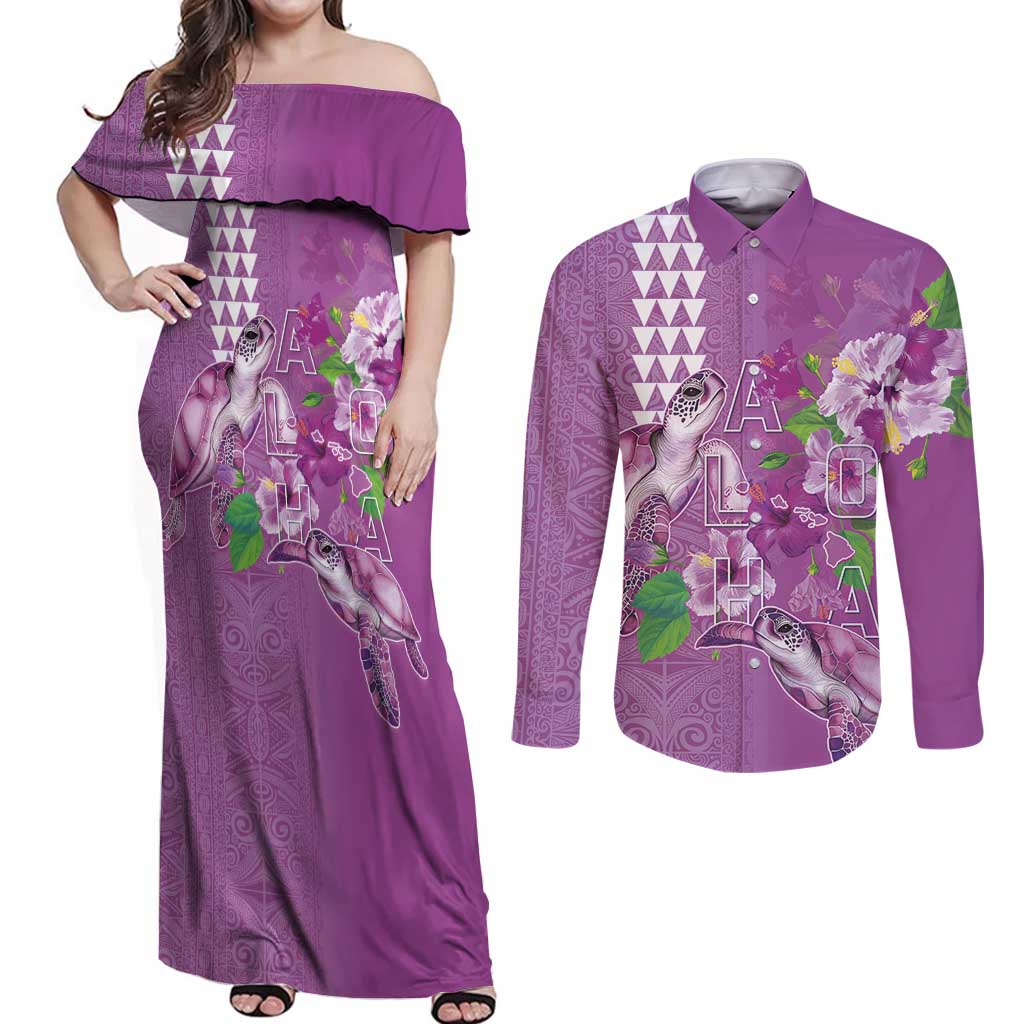 Hawaii Aloha Turtle Hibiscus and Leaves Couples Matching Off Shoulder Maxi Dress and Long Sleeve Button Shirt with Polynesian and Kakau Tattoos Lilac Color - Polynesian Pride