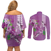 Hawaii Aloha Turtle Hibiscus and Leaves Couples Matching Off Shoulder Short Dress and Long Sleeve Button Shirt with Polynesian and Kakau Tattoos Lilac Color - Polynesian Pride