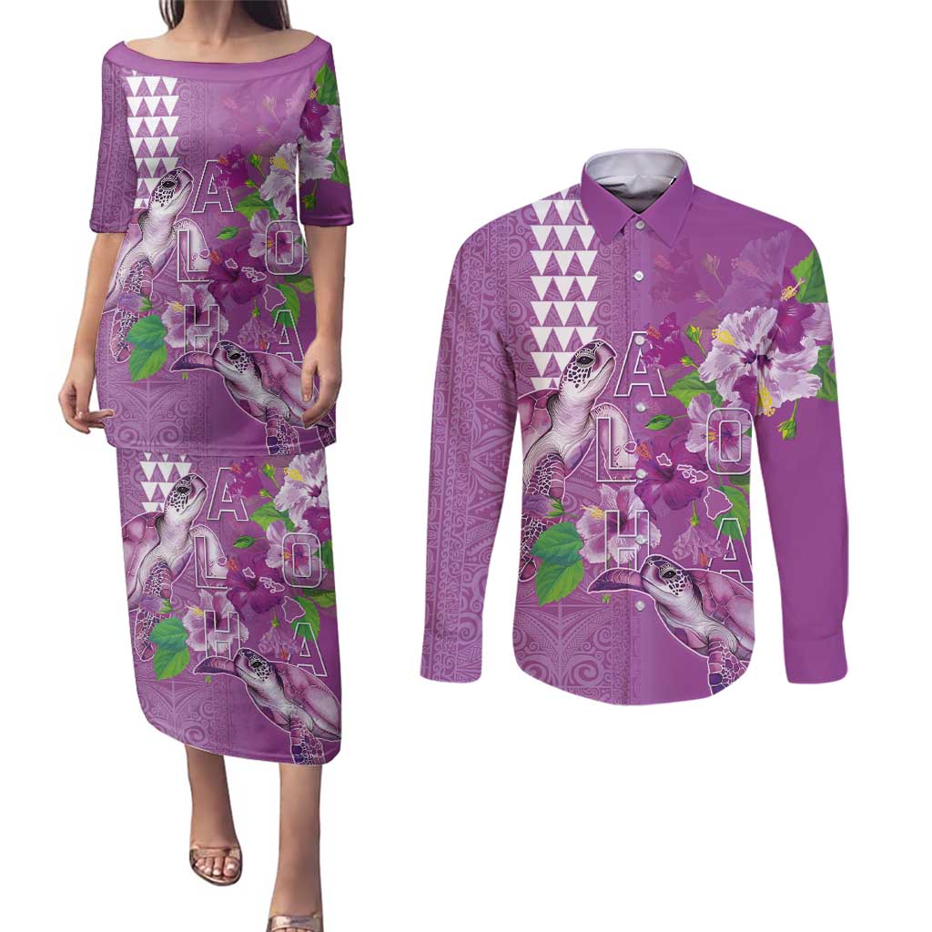Hawaii Aloha Turtle Hibiscus and Leaves Couples Matching Puletasi and Long Sleeve Button Shirt with Polynesian and Kakau Tattoos Lilac Color LT03 Purple - Polynesian Pride