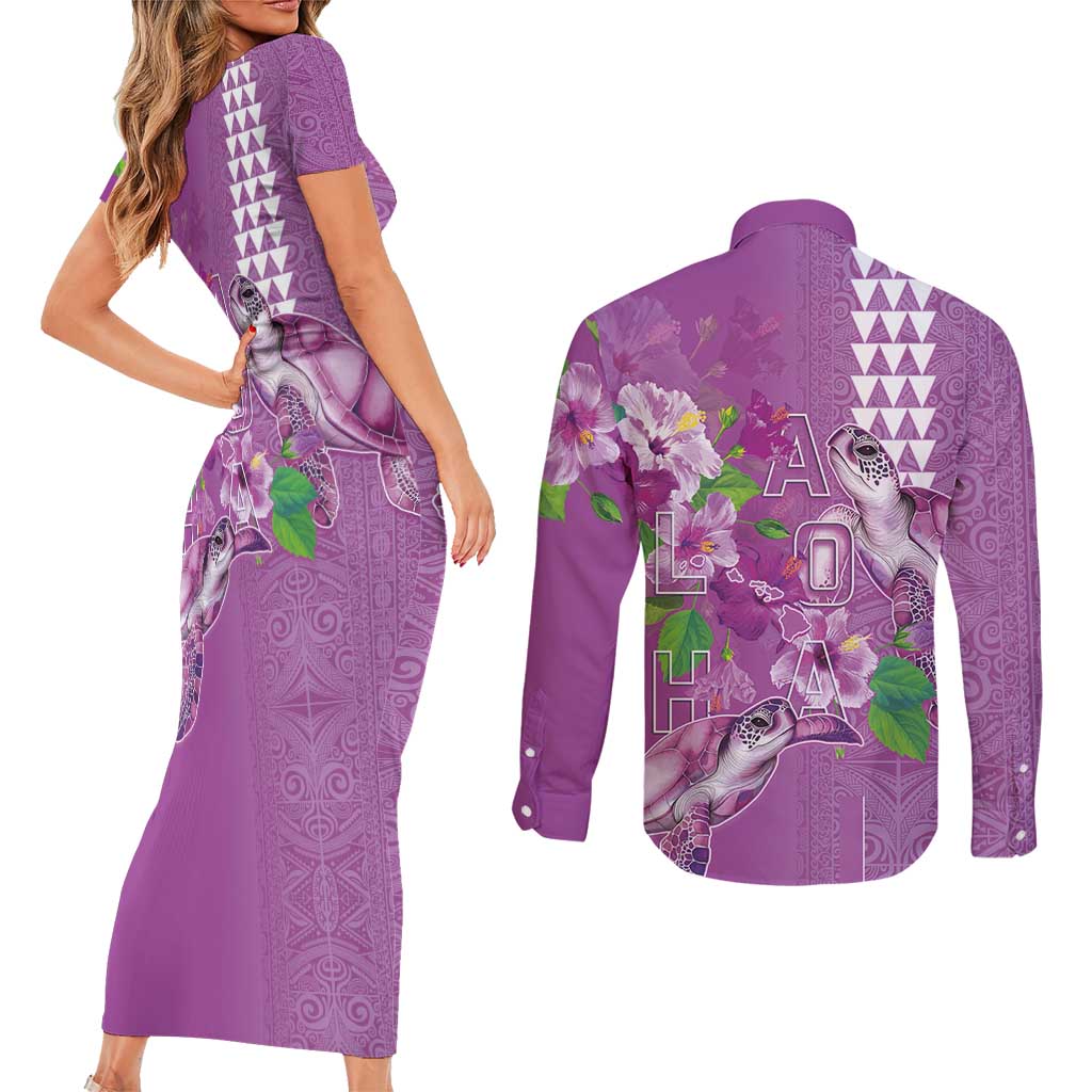 Hawaii Aloha Turtle Hibiscus and Leaves Couples Matching Short Sleeve Bodycon Dress and Long Sleeve Button Shirt with Polynesian and Kakau Tattoos Lilac Color - Polynesian Pride