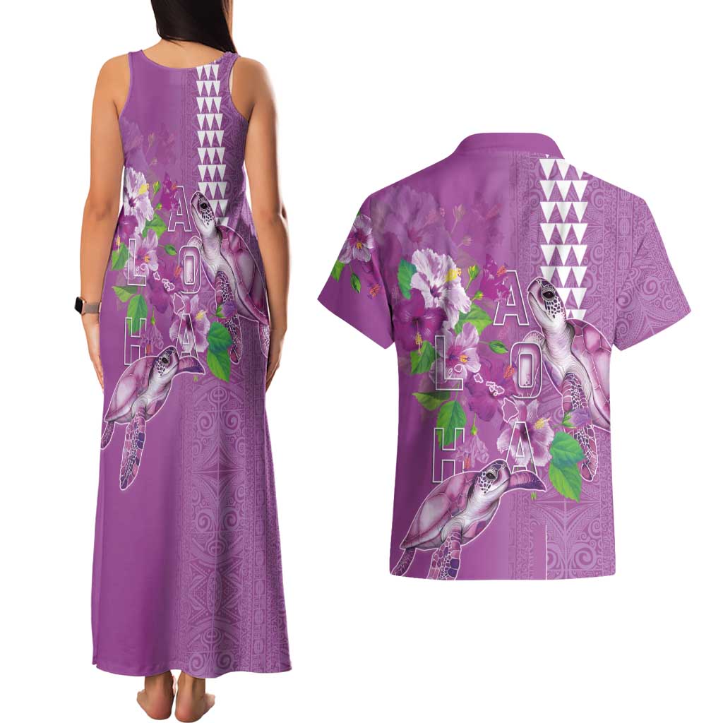 Hawaii Aloha Turtle Hibiscus and Leaves Couples Matching Tank Maxi Dress and Hawaiian Shirt with Polynesian and Kakau Tattoos Lilac Color - Polynesian Pride