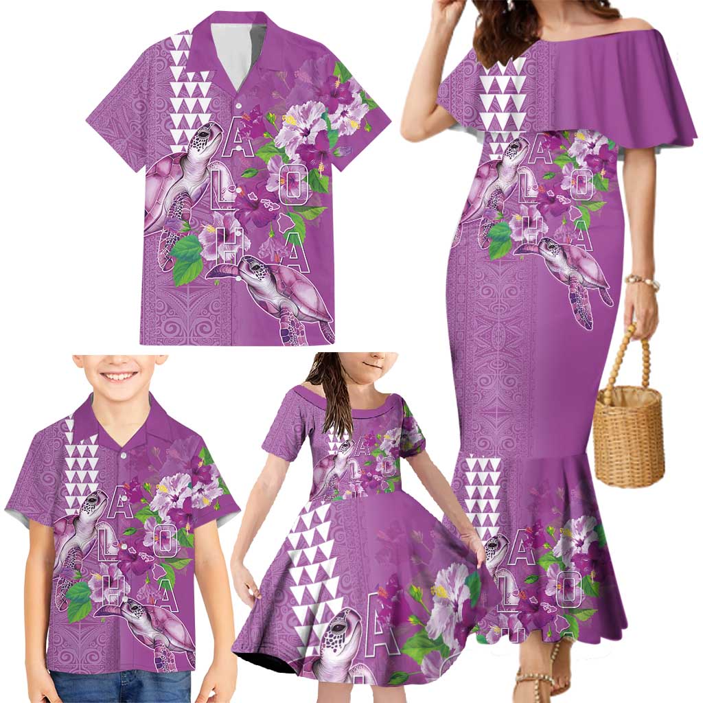 Hawaii Aloha Turtle Hibiscus and Leaves Family Matching Mermaid Dress and Hawaiian Shirt with Polynesian and Kakau Tattoos Lilac Color - Polynesian Pride